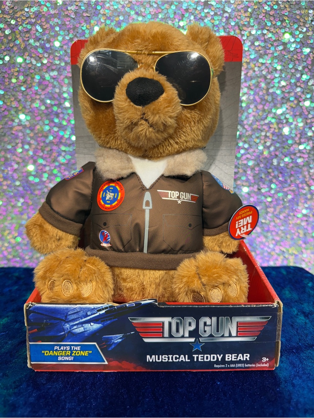 NIB Top Gun Plush Maverick Aviator Pilot Brown Teddy Bear Musical Stuffed Animal